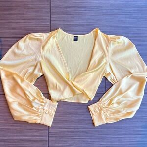 Yellow Satin Puff Sleeve Blouse SHEIN